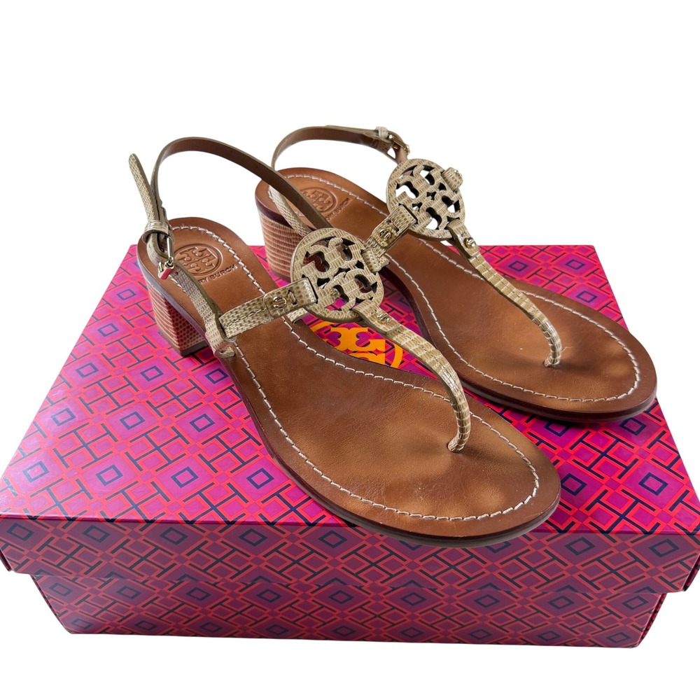 Tory Burch Mini Miller 45mm Sandals Trench Tan Tejus Print Heels Size 7.5